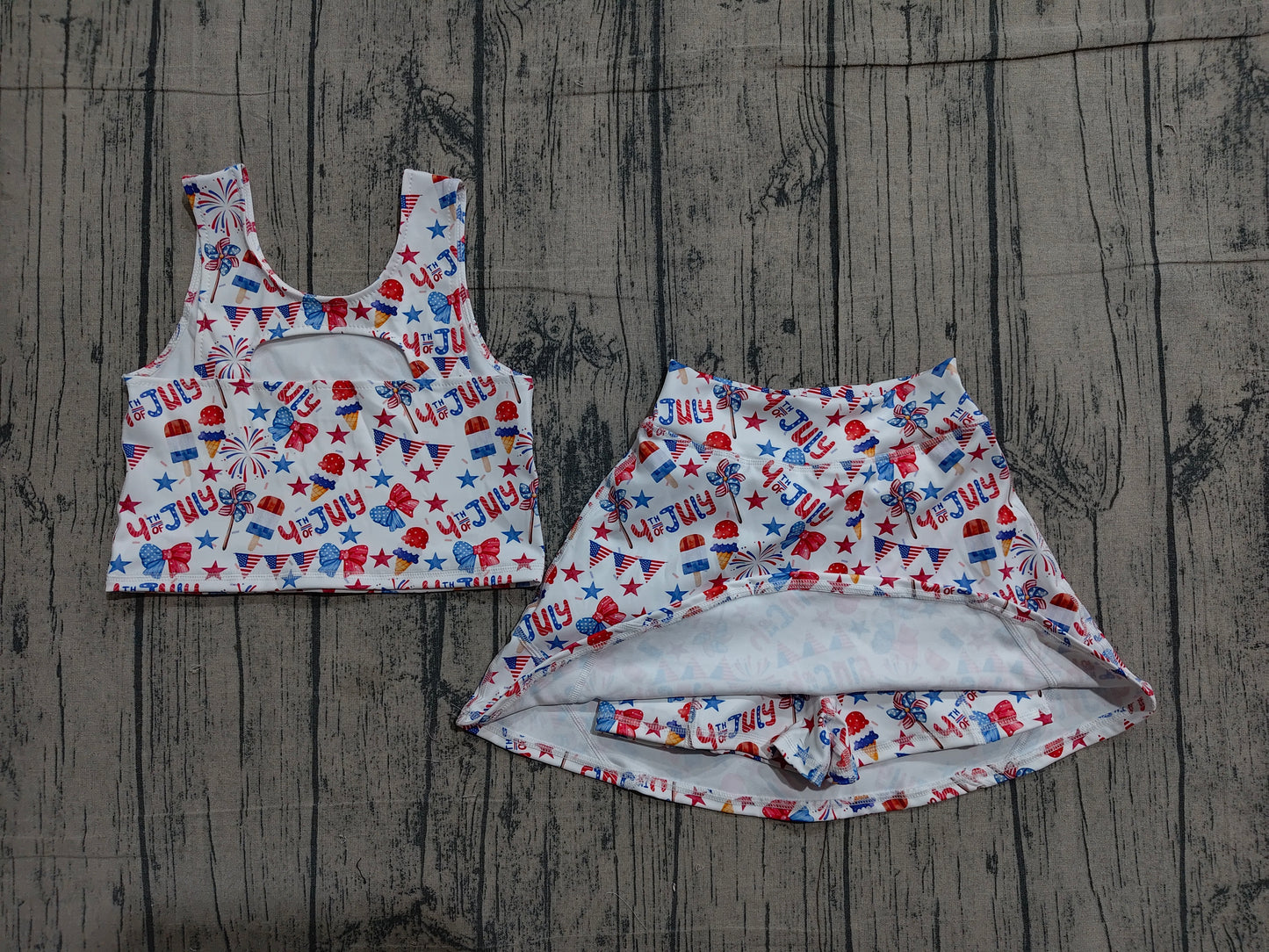 GSD3498 Preorder Sample Baby Girls Bows Popsicle Stars Vest Skirt Shorts 4th of July Yoga Active Clothes Sets