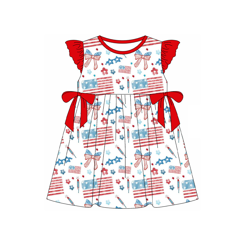 Pre-order no moq GSD3513 pre-order baby girl clothes flag bow floral flying sleeve summer dress-25.12.29