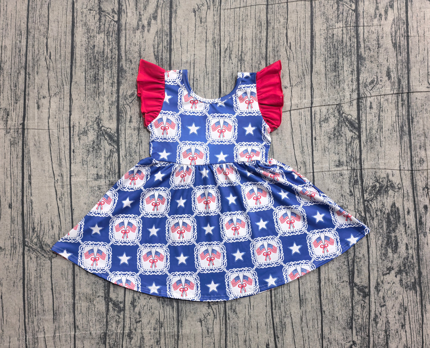 GSD3514 Preorder Sample Baby Girl Stars Flags Checked 4th of July Knee Length Dresses