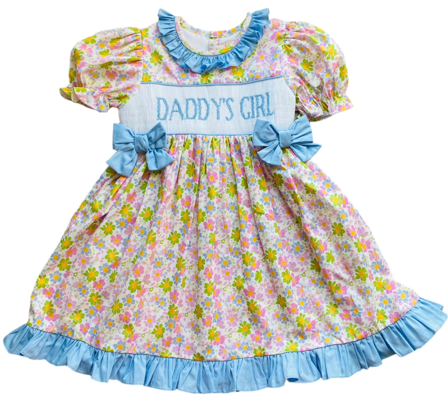 Pre-order no moq GSD3554 pre-order baby girl clothes DADDY floral blue short sleeve summer dress-26.1.5