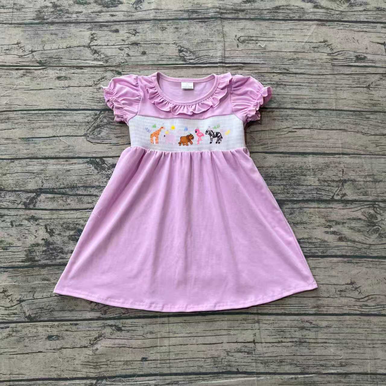 GSD3578 Preorder Sample Smocked Animals Baby Girl Pink Short Ruffle Sleeve Knee Length Dress