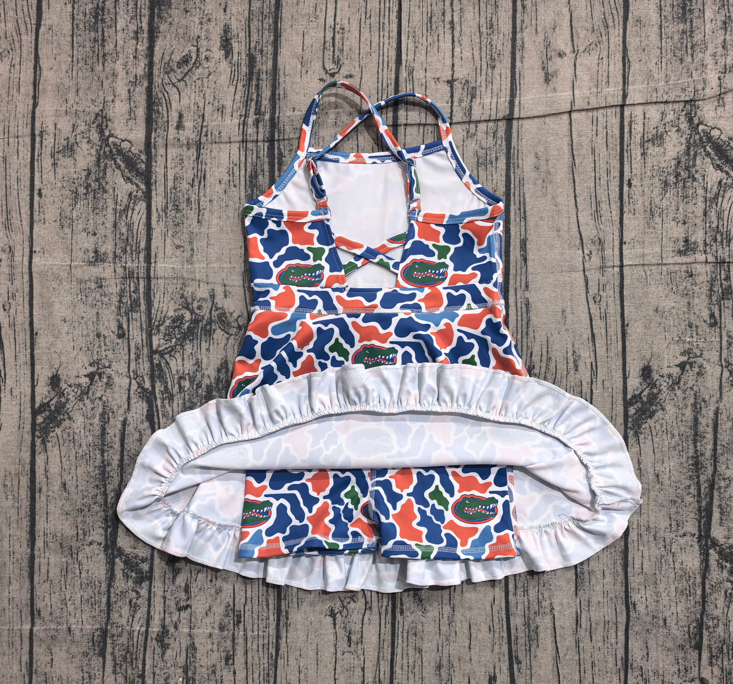 GSD3589 Preorder Sample Baby Girls Strap Camo Crocodiles Team Yoga Active Shorts Ruffle Knee Length Dress