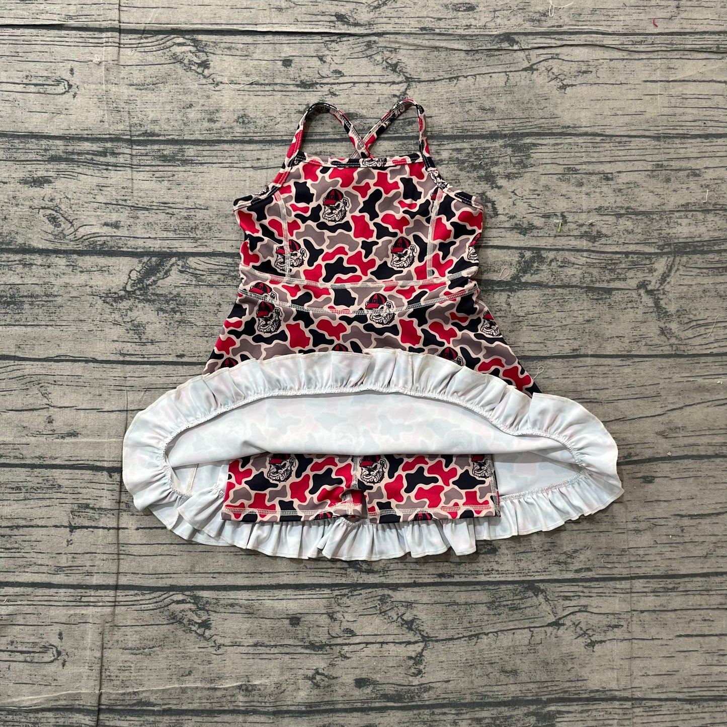 GSD3593 Preorder Sample Baby Girls Strap Camo Bulldogs Team Yoga Active Shorts Ruffle Knee Length Dresses
