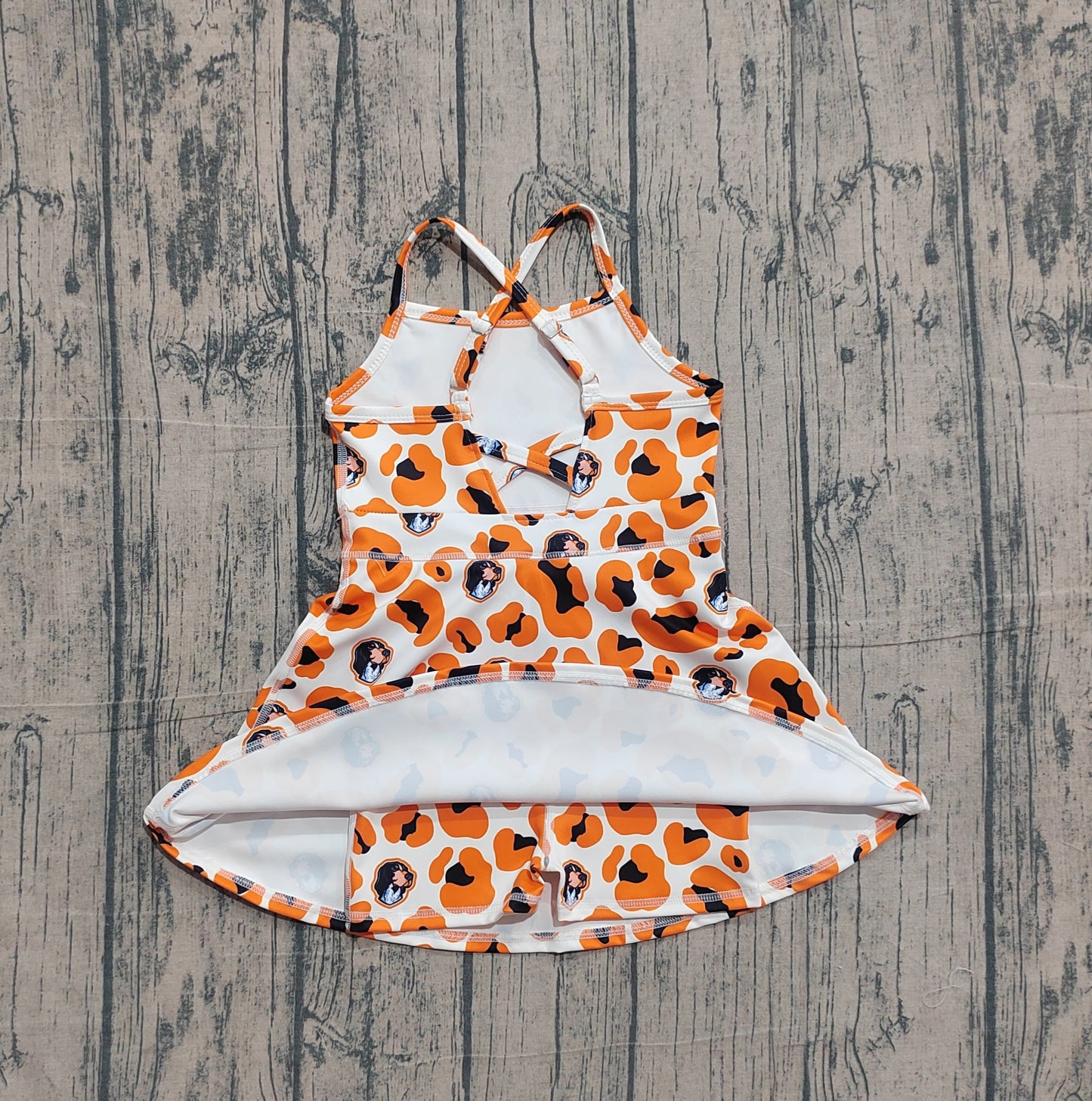 Pre-order no moq GSD3634 pre-order baby girl clothes summer yoga team camouflage orange sleeveless dress-26.1.19