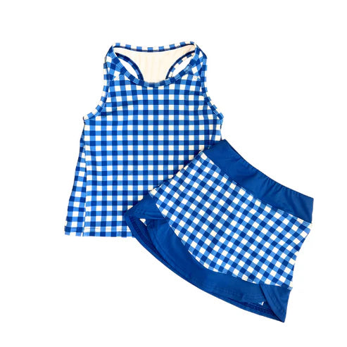Pre-order no moq GSD3652 pre-order baby girl clothes summer yoga blue plaid sleeveless skirt sets-26.1.14