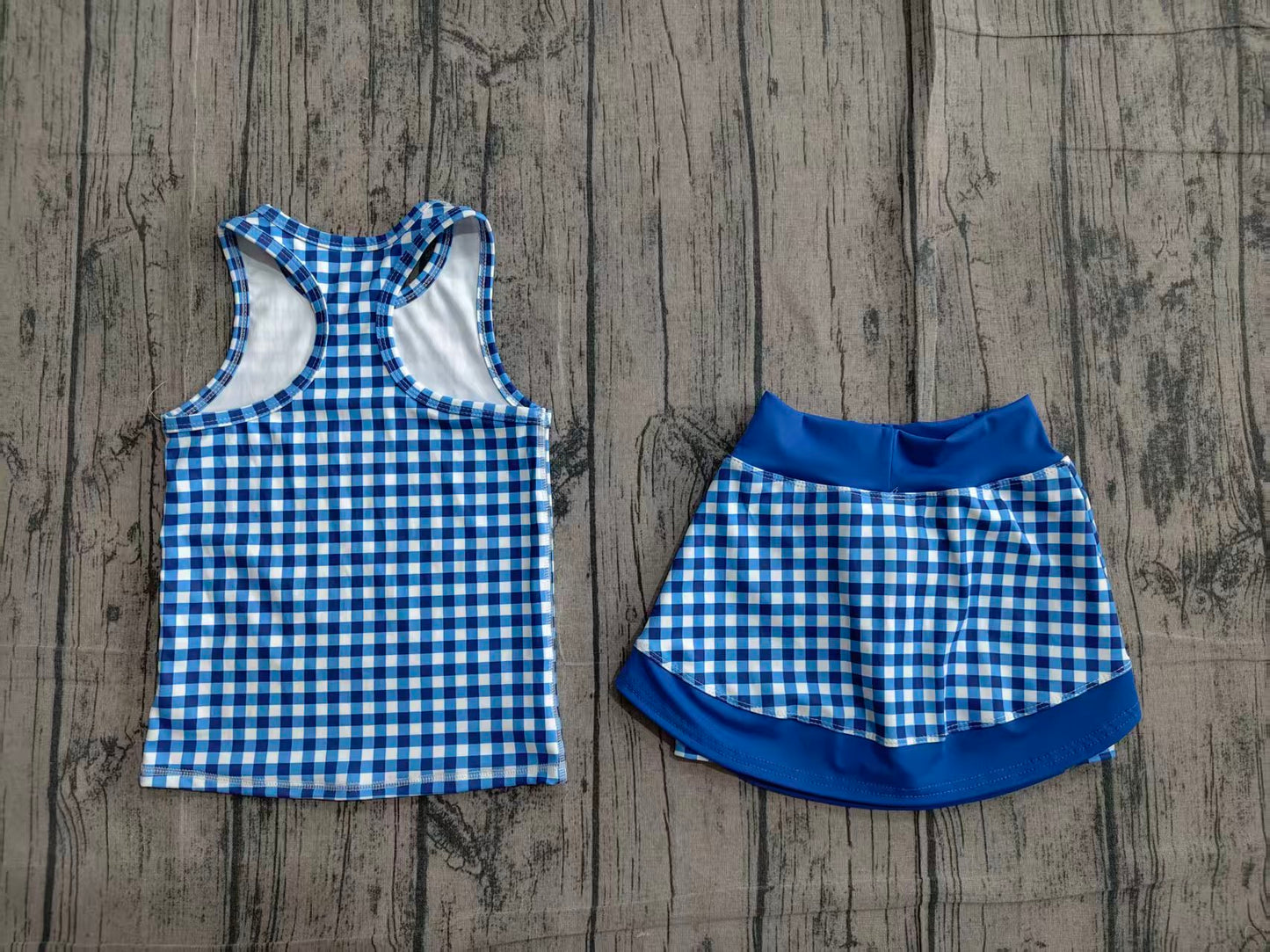 GSD3652 Preorder Sample Baby Girls Blue Checked Tunic Skirt Short Yoga Active Clothes Sets