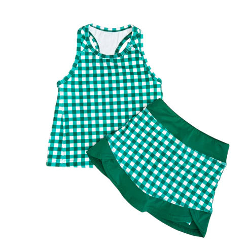 Pre-order no moq GSD3653 pre-order baby girl clothes summer yoga green plaid sleeveless skirt sets-26.1.14