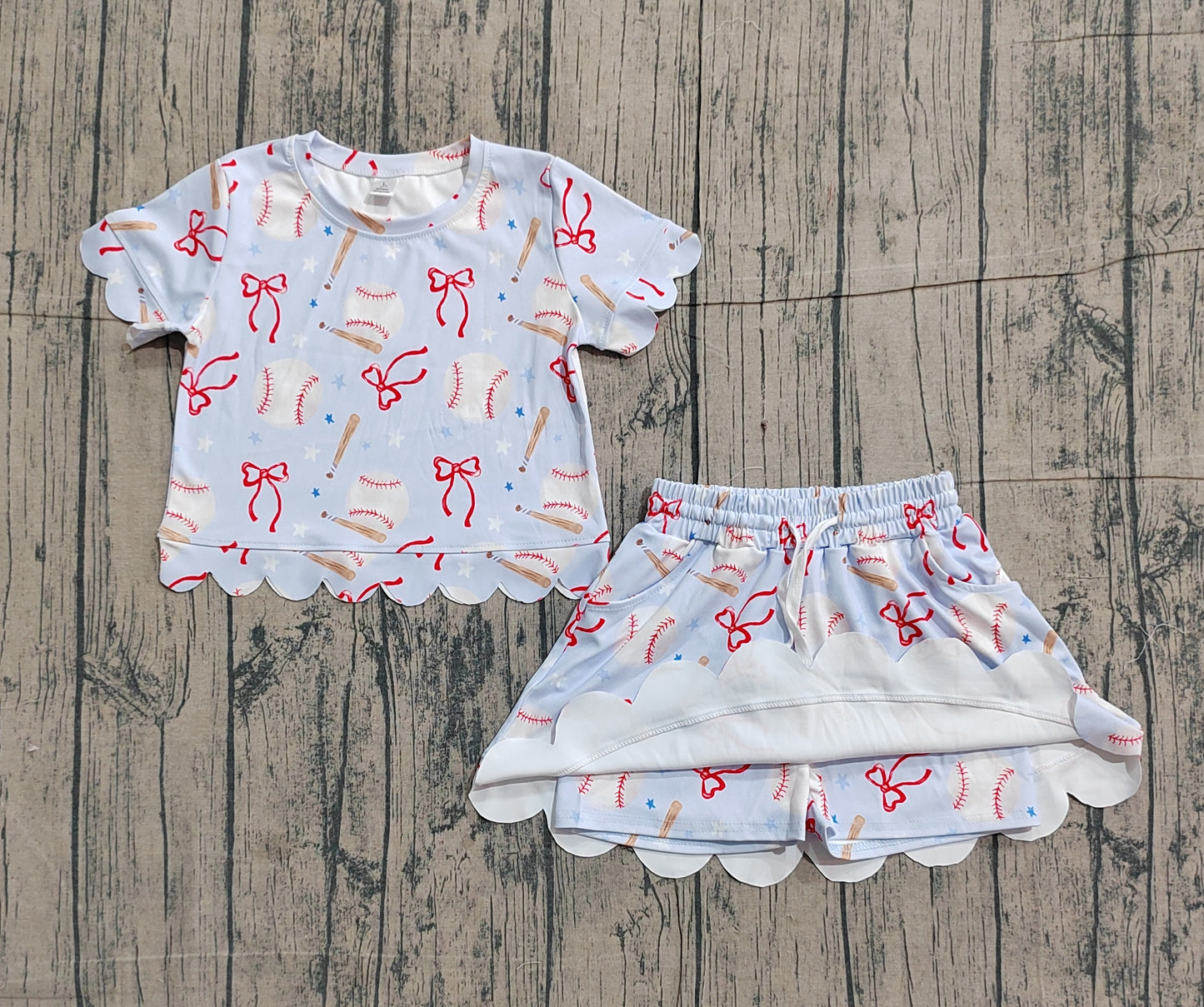 GSD3656 Preorder Sample Baby Girl Bows Baseballs Top Skirt Short Team Yoga Active Clothes Sets