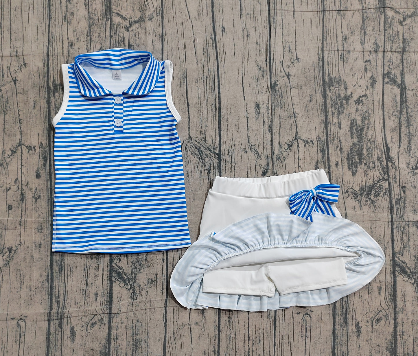 GSD3661 Preorder Sample Baby Girl Blue Stripe Button Top Skirt Shorts Yoga Active Clothes Sets