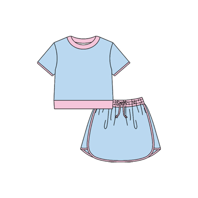 Pre-order no moq GSD3671 pre-order baby girl clothes summer yoga blue short sleeve skirt sets-26.1.16