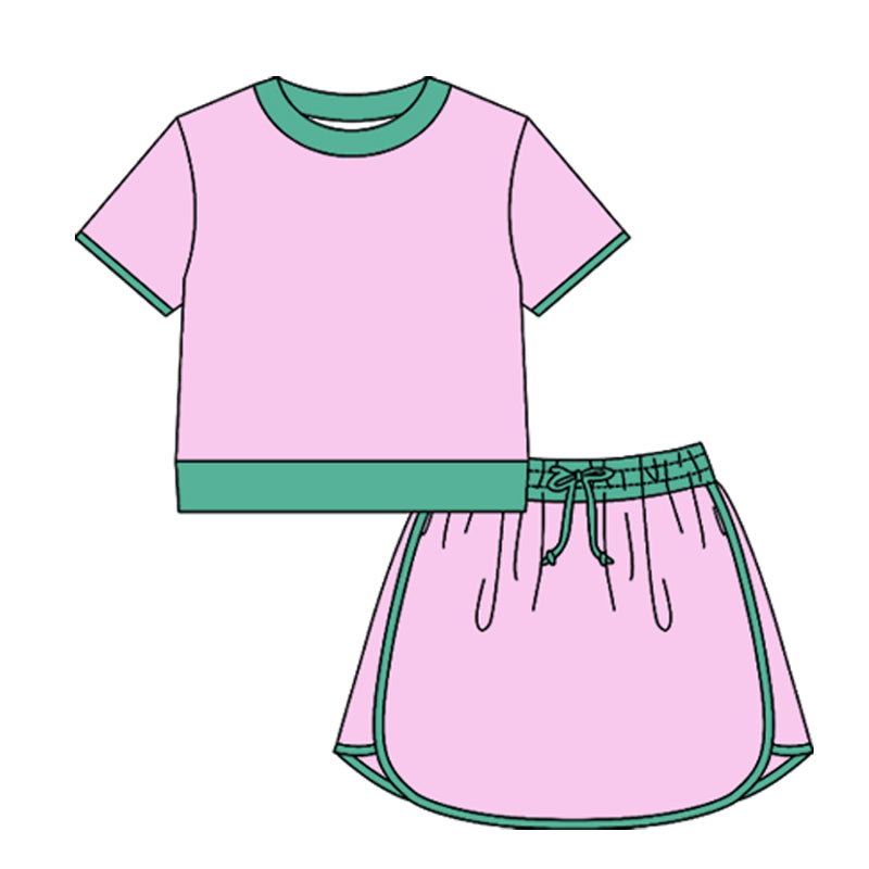 Pre-order no moq GSD3675 adult clothes summer yoga pink short sleeve skirts set-26.1.16
