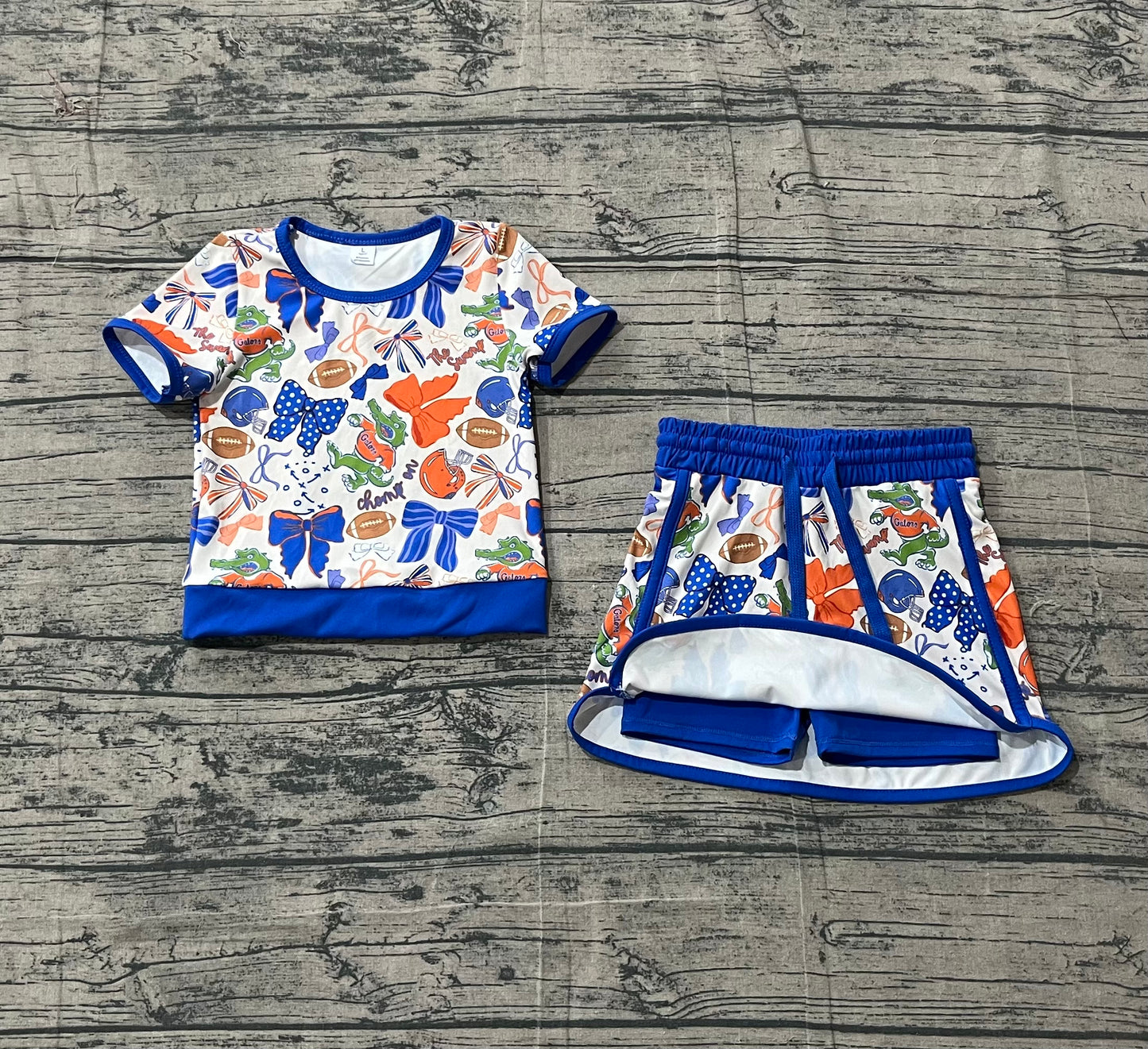 GSD3698 Preorder IRL Baby Girl Bow Football Crocodile Top Skirt Short Team Yoga Active Clothes Sets