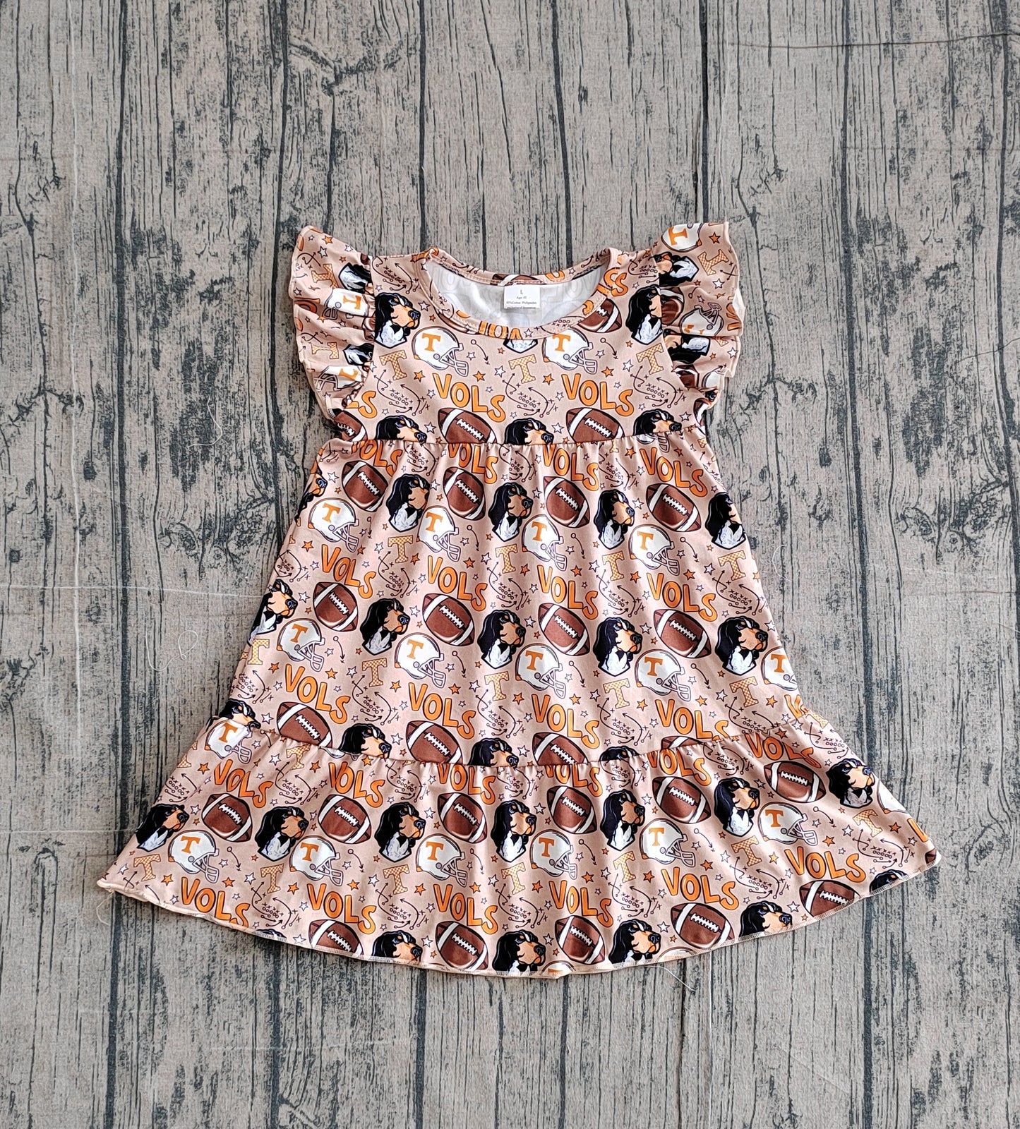 GSD3703 Preorder Sample Baby Girl Flutter Sleeve Footballs Bows Vols Team Patchwork Knee Length Dress