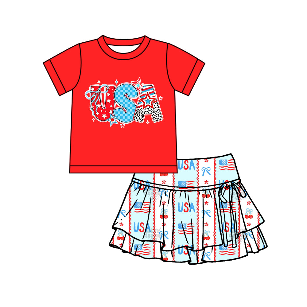 Pre-sale Baby Girl Red USA Bows Top Yoga Active Skirt Shorts July 4th Clothes Set GSD3744