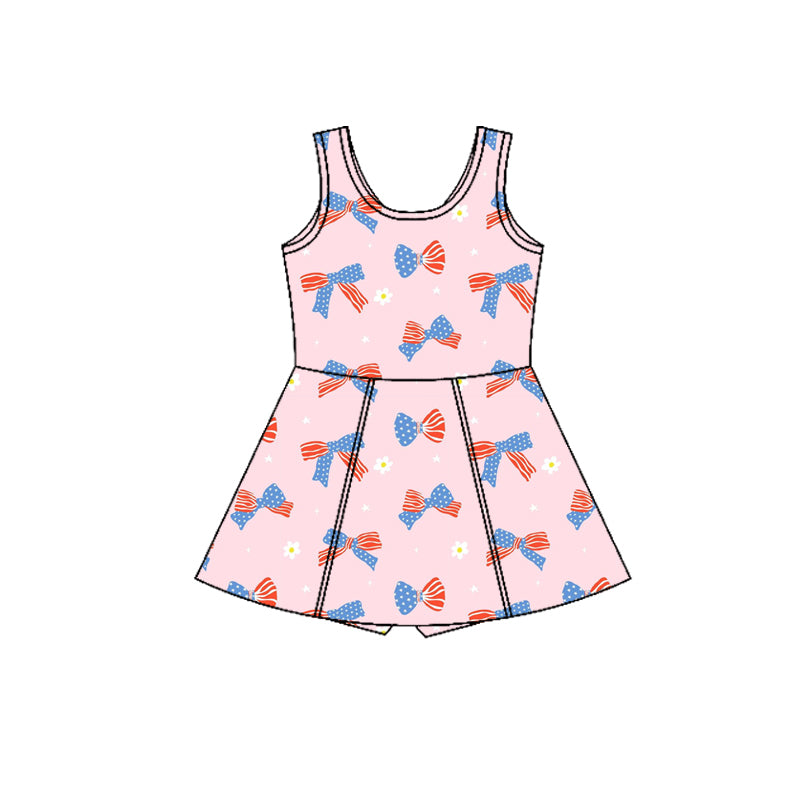 GSD3748 Preorder Baby Girl Pink Flower Flag Bows Yoga Active July 4th Shorts Knee Length Dress