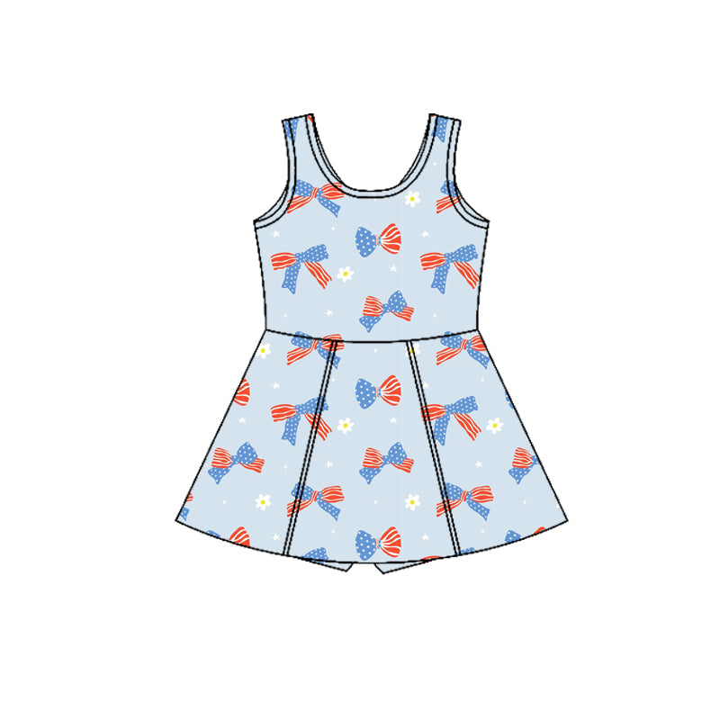 GSD3749 Preorder Baby Girl Blue Flower Flag Bows Yoga Active July 4th Shorts Knee Length Dress