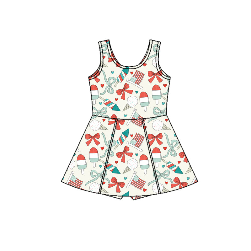 GSD3750 Preorder Baby Girl Popsicle Flag Bows Yoga Active July 4th Shorts Knee Length Dress
