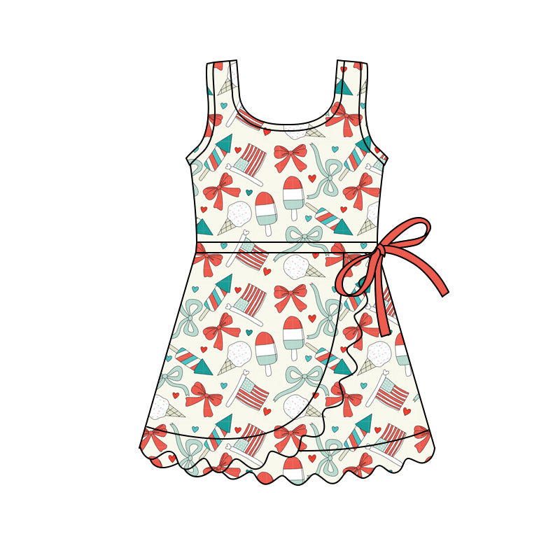 GSD3755 Preorder Baby Girl Flowers Bows Athletic Active July 4th Scallop Shorts Knee Length Dress