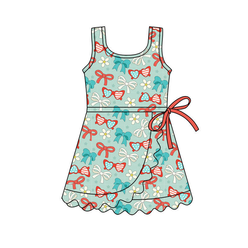 GSD3756 Preorder Baby Girl Flag Glass Bows Athletic Active July 4th Scallop Shorts Knee Length Dress