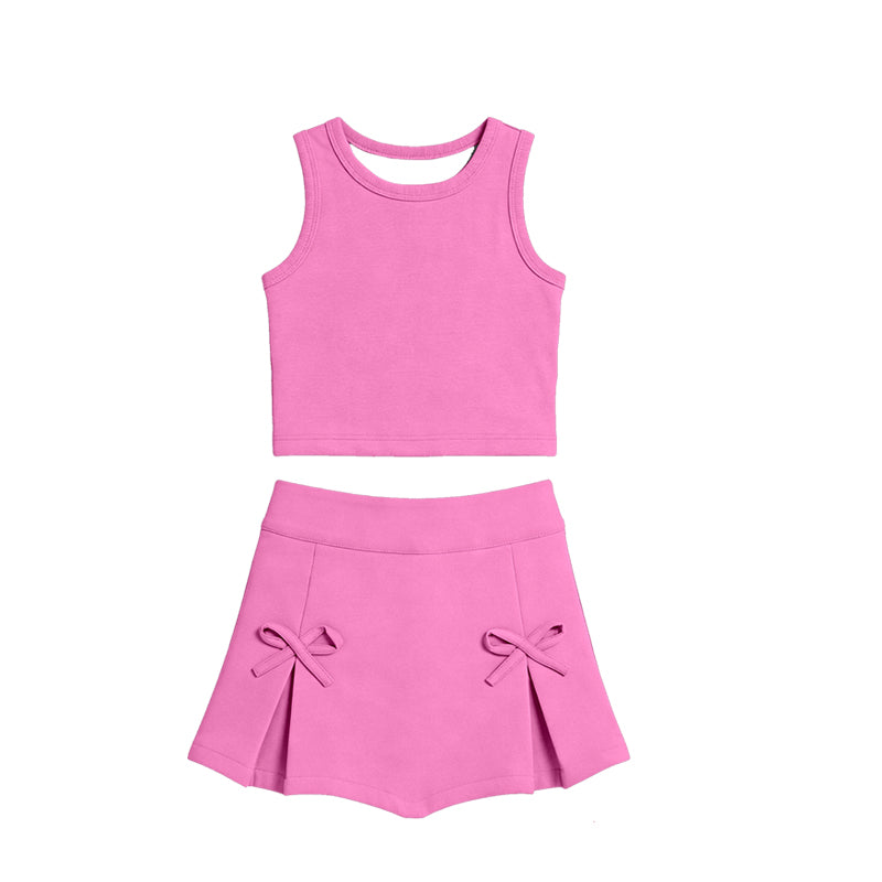 GSD3758 Preorder Baby Girl Pink Vest Top Bows Skirt Shorts Athletic Active Clothes Set