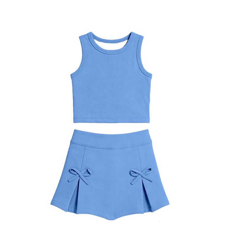 GSD3761 Preorder Baby Girl Blue Ves Top Bows Skirt Shorts Athletic Active Clothes Set