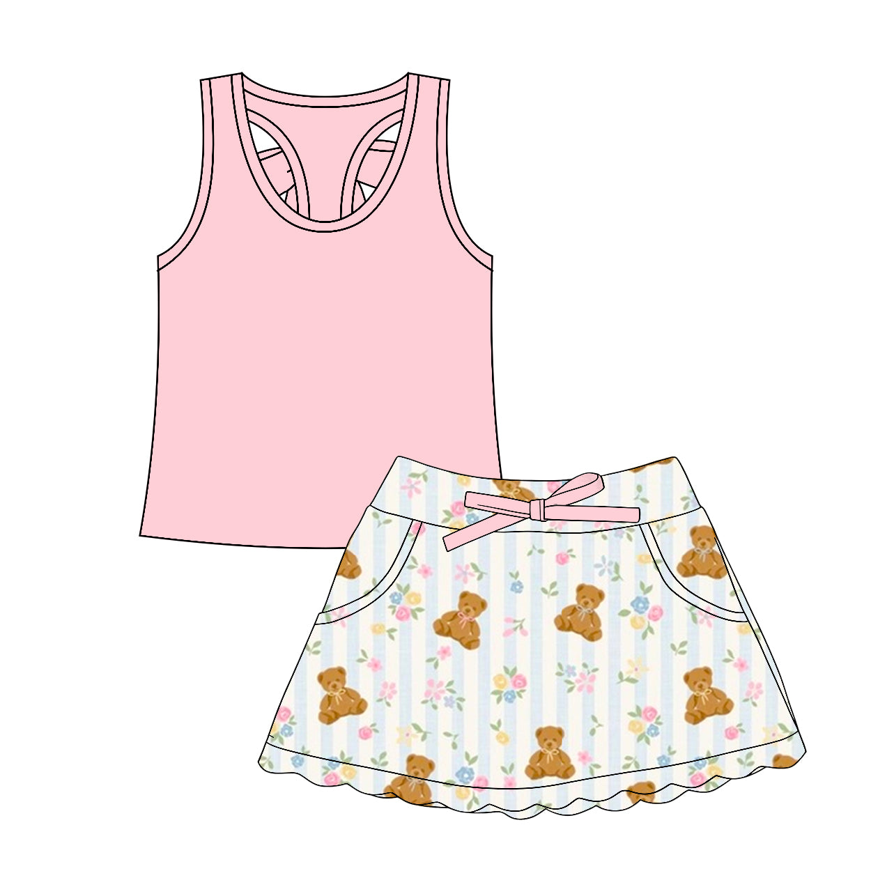 GSD3764 Preorder Baby Girl Pink Sleeveless Vest Top Flower Bears Pockets Skirt Shorts Clothes Set