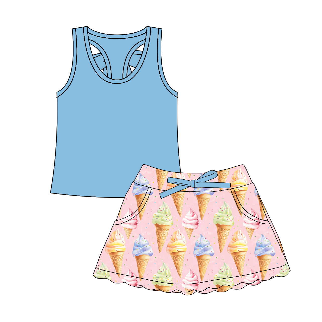GSD3765 Preorder Baby Girl Blue Sleeveless Vest Top Ice Creams Pockets Skirt Shorts Clothes Set