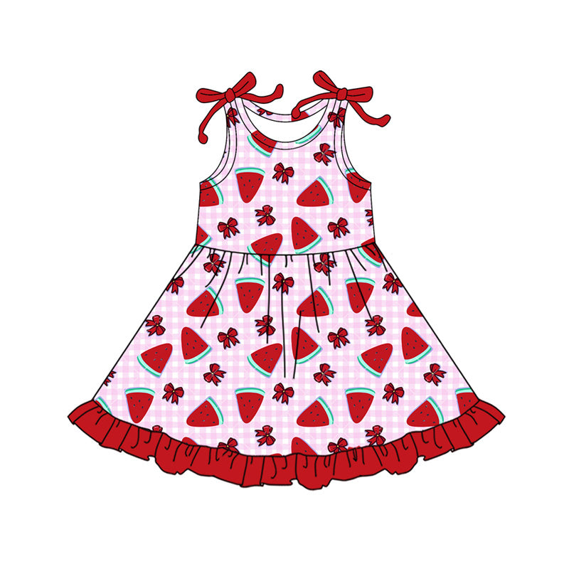 GSD3770 Preorder Baby Girl Pink Checked Bows Strawberry Ruffle Knee Length Dresses