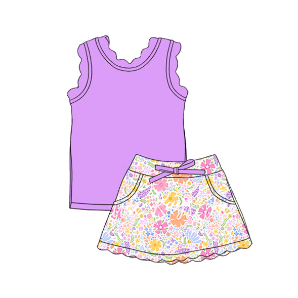 GSD3771 Preorder Baby Girl Purple Vest Colorful Floral Pockets Scallop Skirt Short Yoga Active Clothes Set