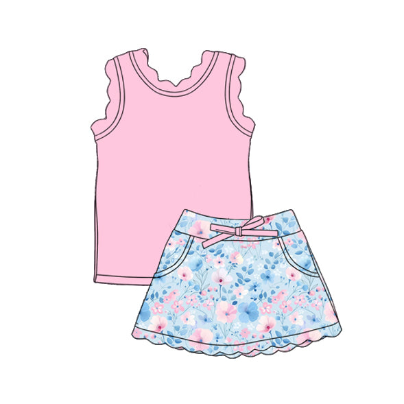 GSD3773 Preorder Baby Girl Pink Vest Colorful Floral Pockets Scallop Skirt Short Yoga Active Clothes Set
