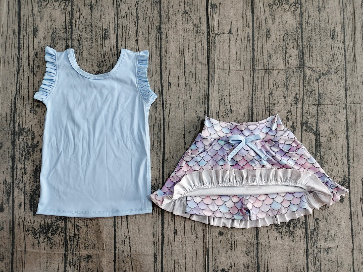 GSD3775 Preorder Sample Baby Girl Blue Vest Colorful Floral Pockets Scallop Skirt Short Yoga Active Clothes Set