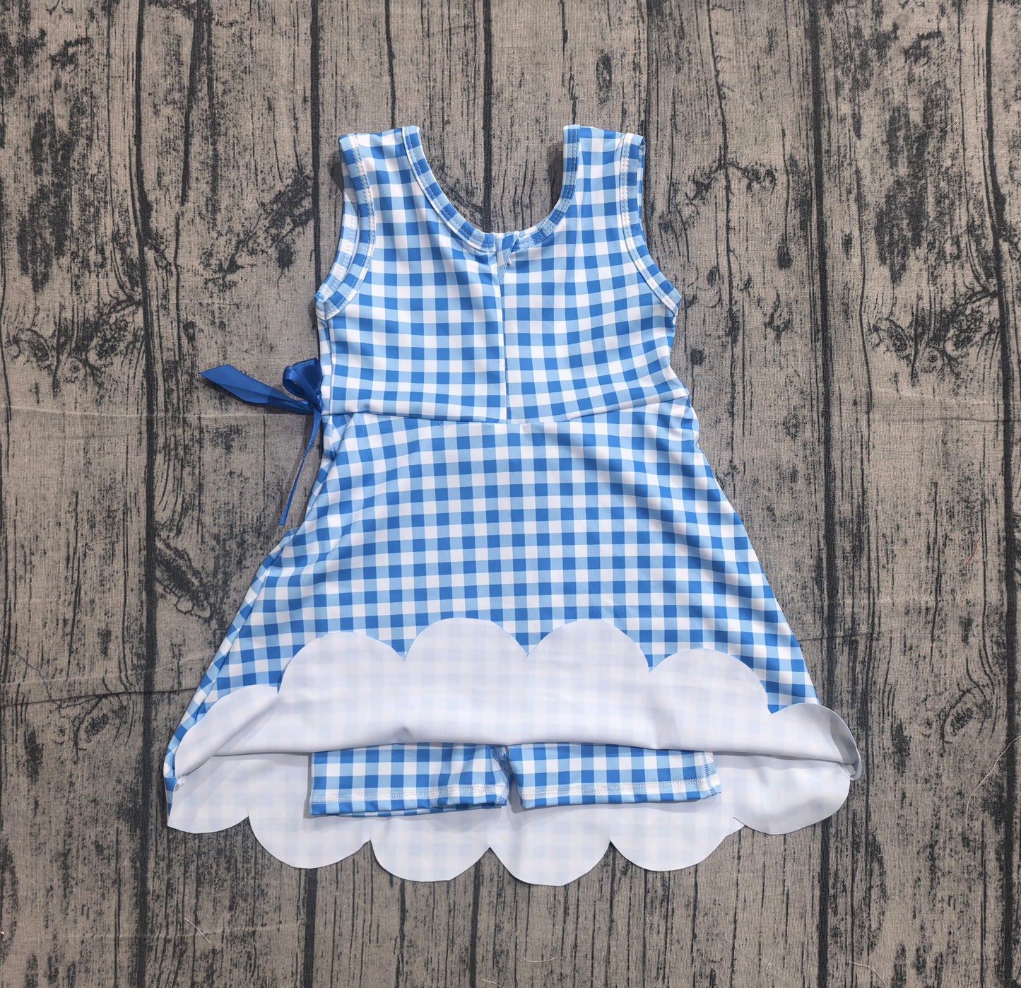 GSD3778 Preorder Sample Baby Girls Blue Checked Sleeveless Yoga Active Scallop Shorts Knee Length Dresses