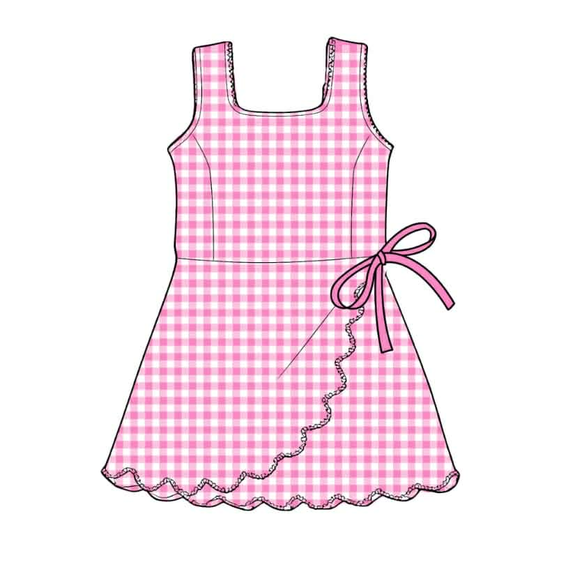 GSD3779 Preorder Baby Girl Pink Checked Sleeveless Yoga Active Scallop Shorts Knee Length Dresses
