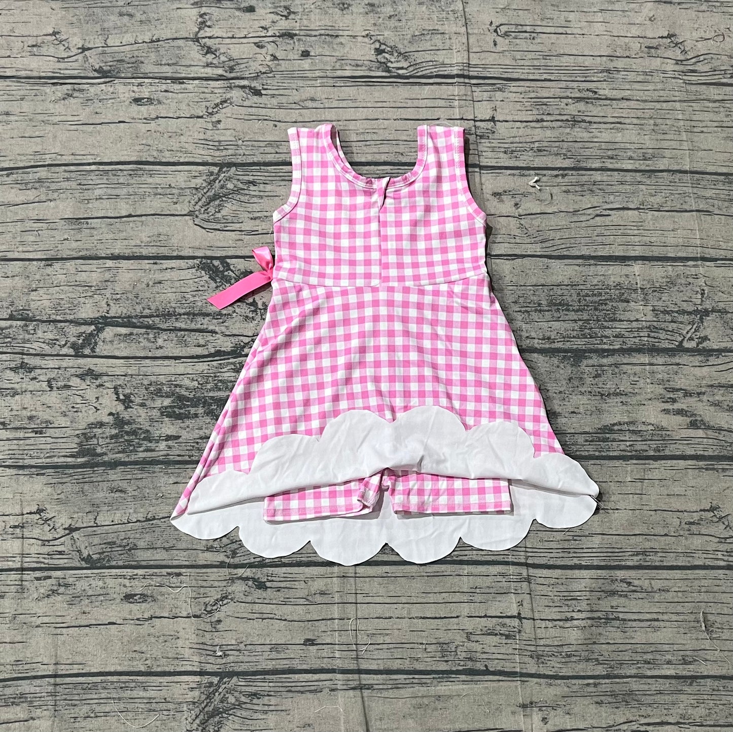 GSD3779 Preorder Sample Baby Girl Pink Checked Sleeveless Yoga Active Scallop Shorts Knee Length Dresses