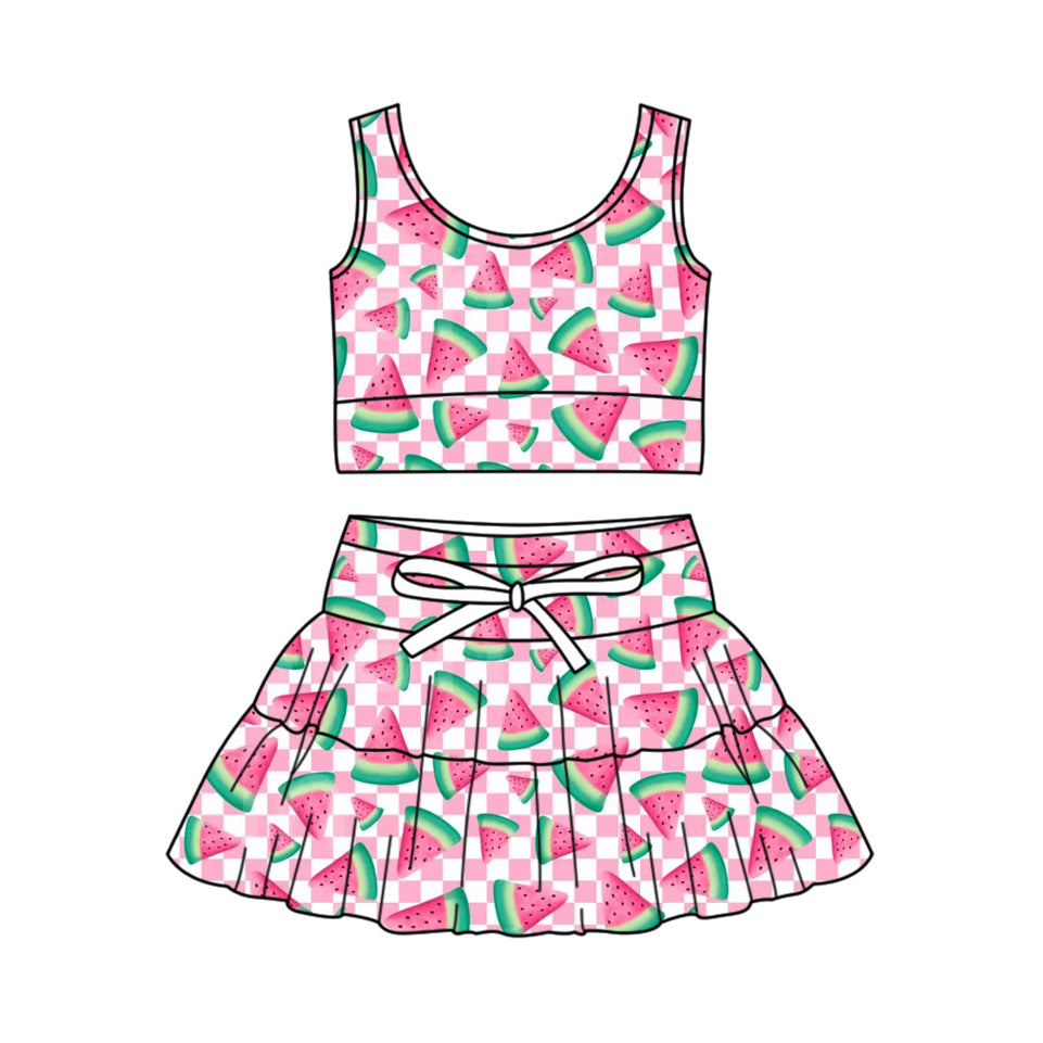 GSD3781 Preorder Baby Girl Pink Checked Watermelons Vests Skirt Short Yoga Active Clothes Set