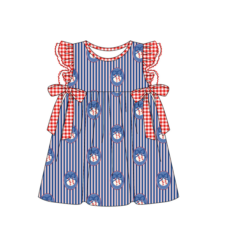 GSD3782 Preorder Baby Girl Flutter Sleeve Blue Stripe Bow Baseballs Team Knee Length Dresses