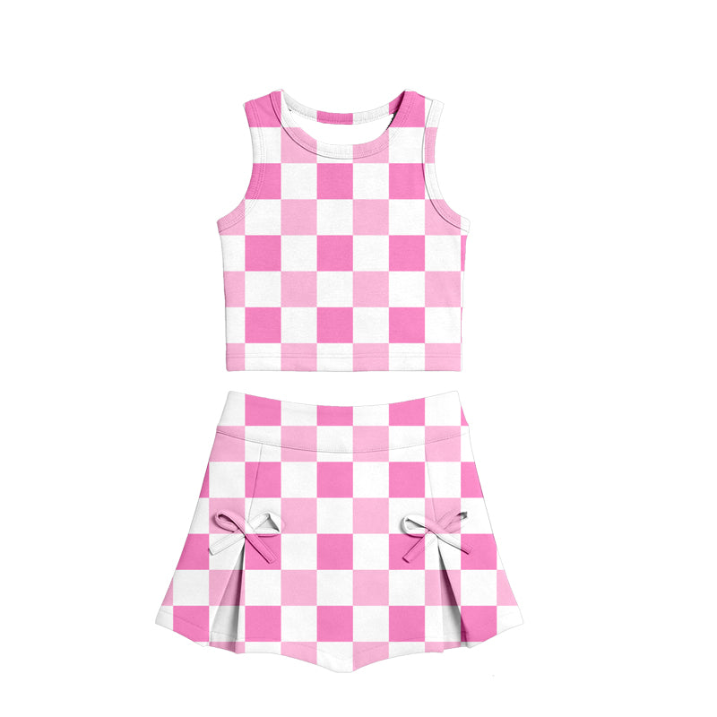 GSD3783 Preorder Baby Girl Pink Checked Vests Top Bows Skirt Short Yoga Active Clothes Set