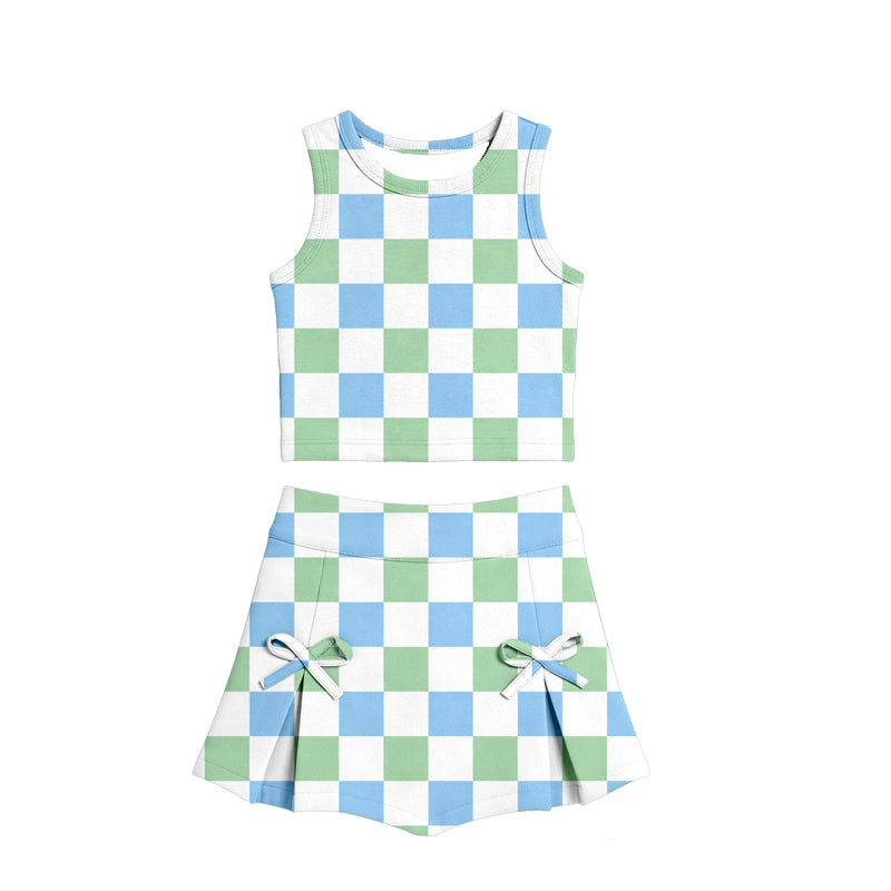 GSD3785 Preorder Baby Girl Green Checked Vests Top Bows Skirt Short Yoga Active Clothes Set