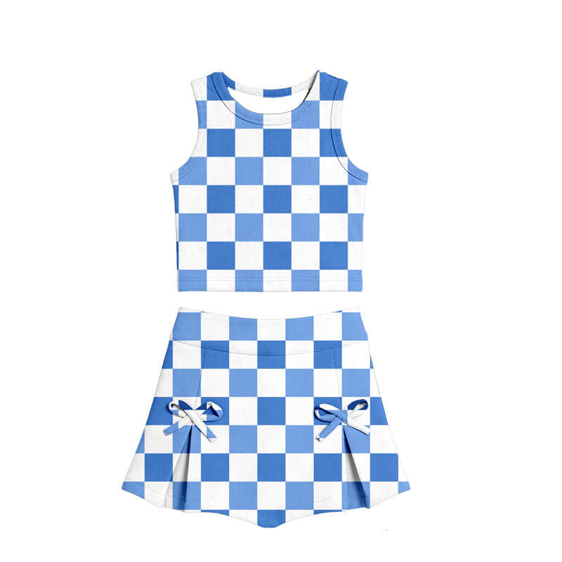 GSD3786 Preorder Baby Girl Blue Checked Vests Top Bows Skirt Short Yoga Active Clothes Set