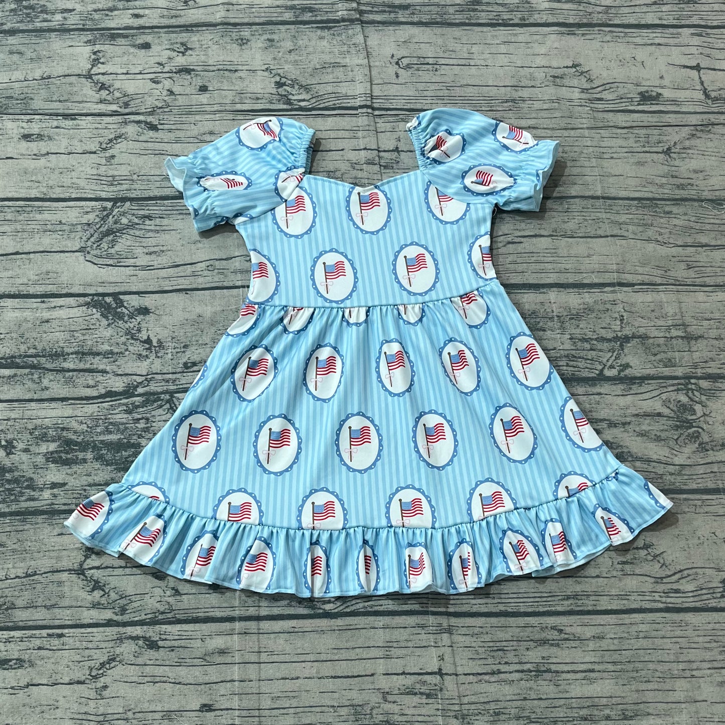 GSD3792 Preorder Sample Baby Girls Blue Stripe Bow Flags 4th of July Ruffle Knee Length Dresses