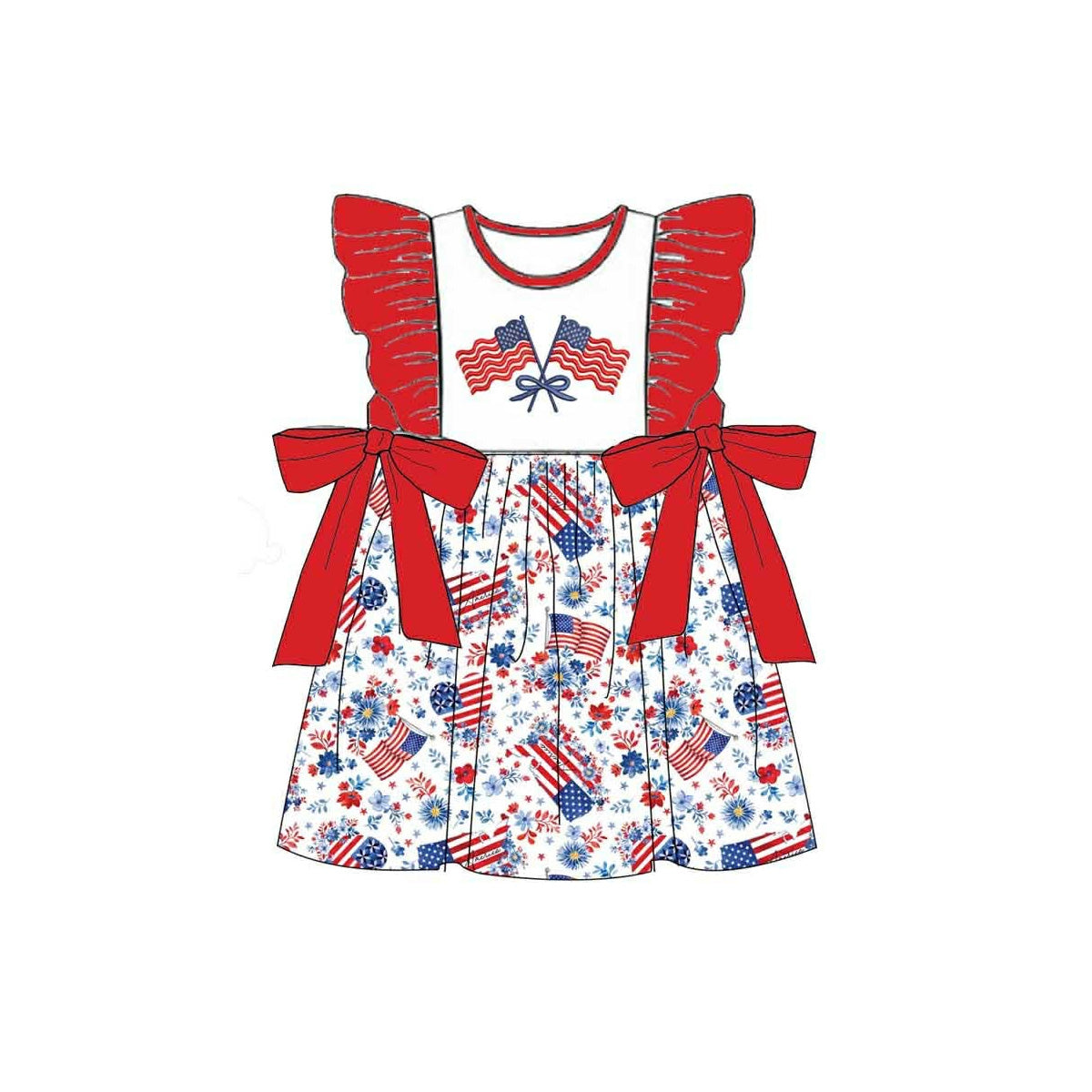 GSD3794 Preorder Baby Girl Flutter Sleeve Bow Flag Flowers 4th of July Knee Length Dress