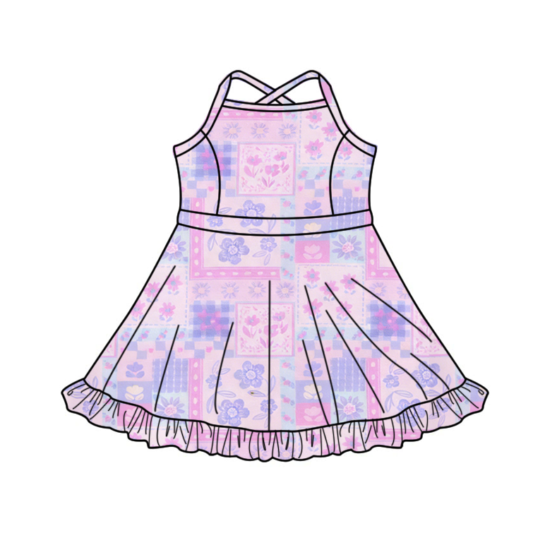GSD3799 Preorder Baby Girl Strap Flowers Checked Yoga Active Ruffle Knee Length Dresses