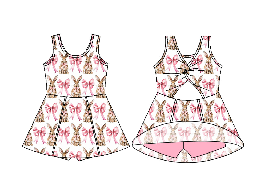 GSD3802 Preorder Baby Girl Sleeveless Bows Rabbits Easter Yoga Active Shorts Knee Length Dress