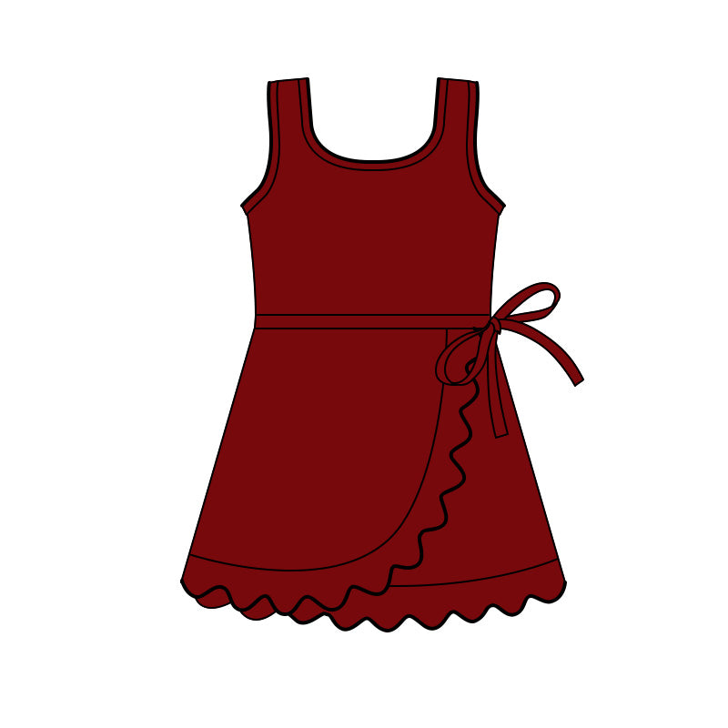 GSD3804 Preorder Baby Girls Dark Red Sleeveless Yoga Active Scallop Shorts Knee Length Dresses