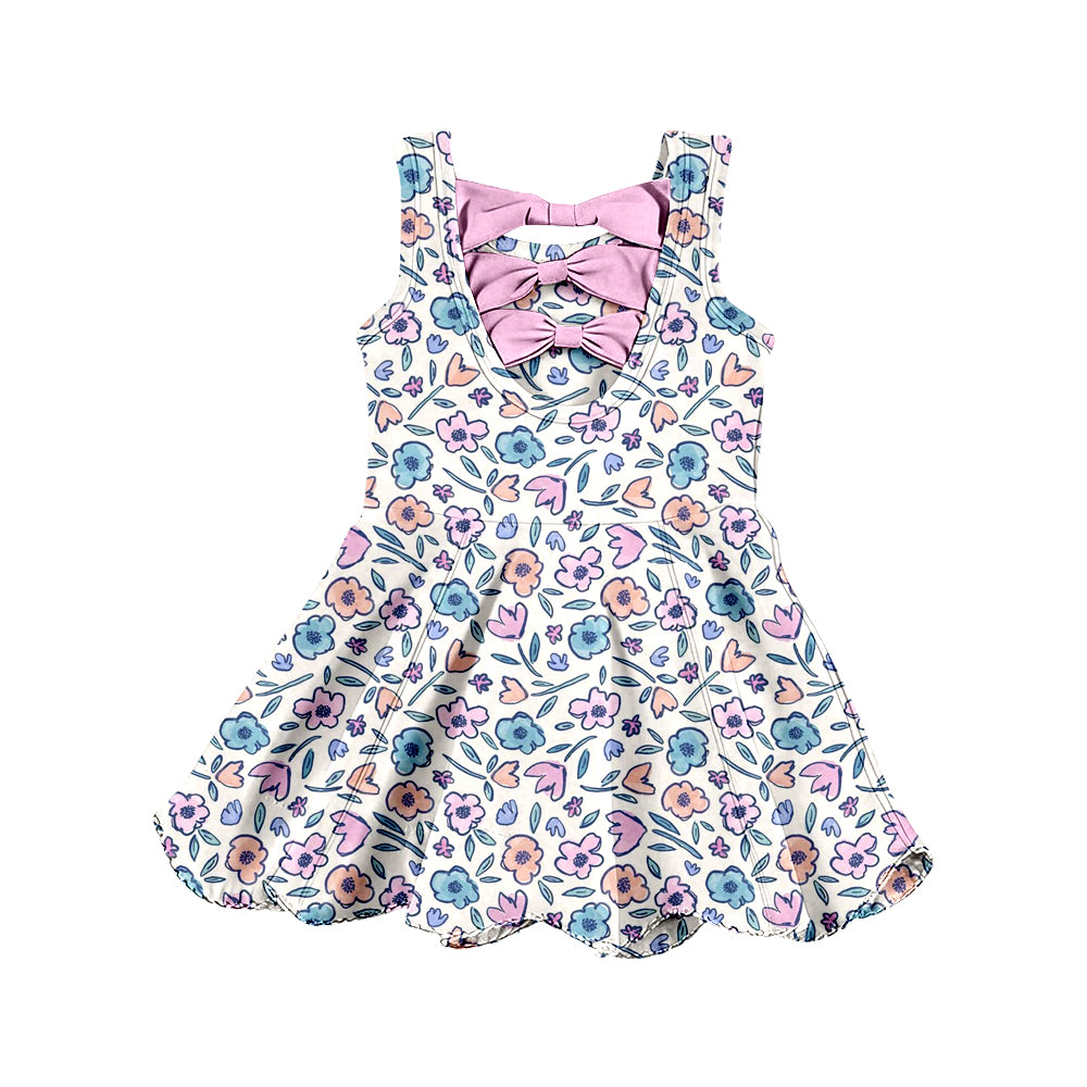 GSD3808 Preorder Baby Girls Colorful Flower Bows Top Yoga Active Scallop Short Knee Length Dress