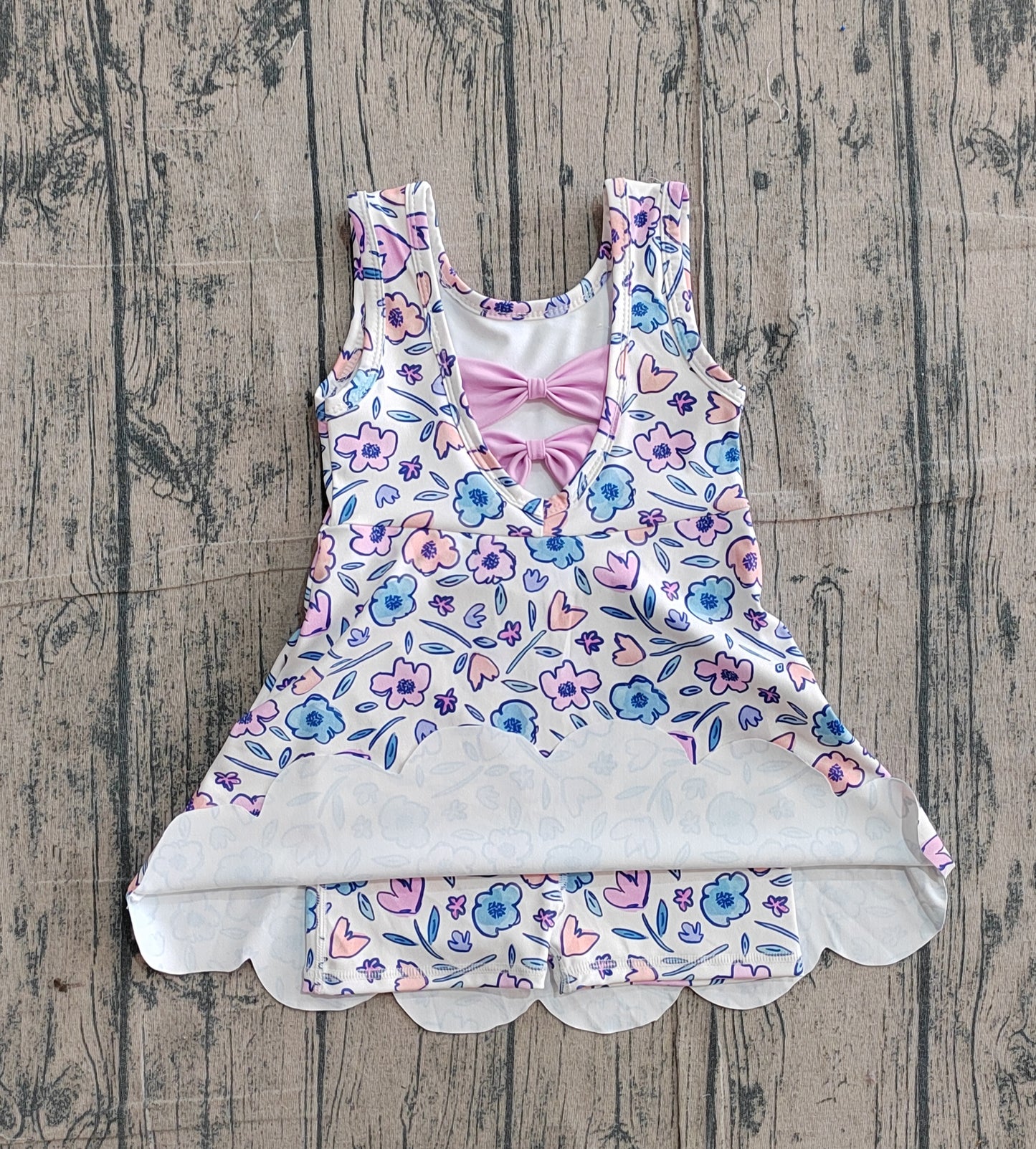 GSD3808 Preorder Sample Baby Girl Colorful Flower Bows Top Yoga Active Scallop Short Knee Length Dress