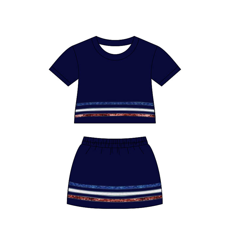 GSD3811 Preorder Baby Girls Navy Short Sleeve Stripe Top Skirt Shorts Clothes Sets