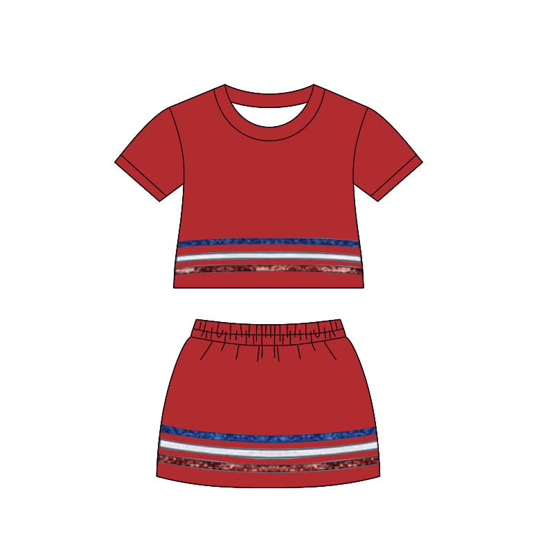 GSD3812 Preorder Baby Girls Red Short Sleeve Stripe Top Skirt Shorts Clothes Sets