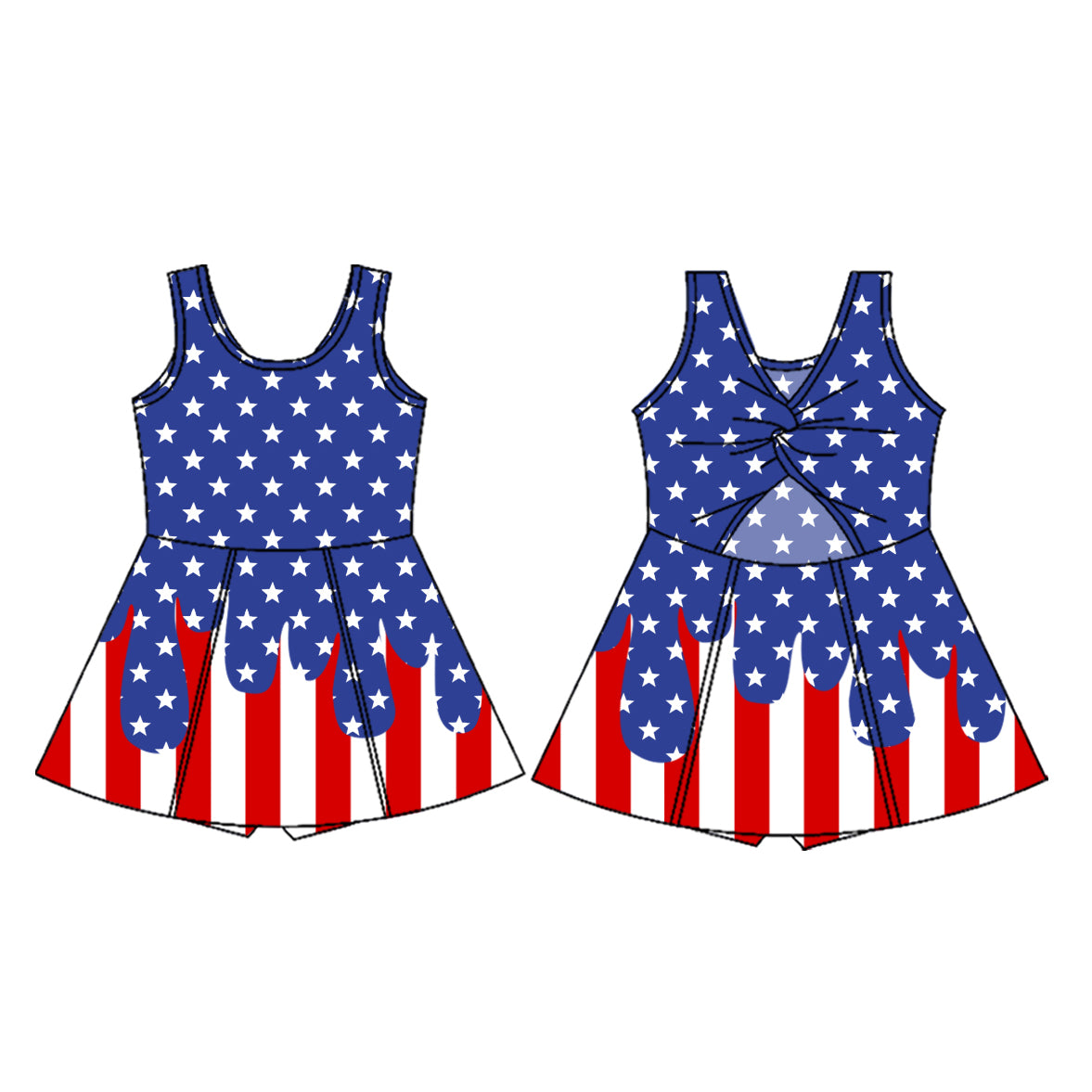 GSD3813 Preorder Baby Girl Stars Stripe Yoga Active Short 4th of July Knee Length Dress