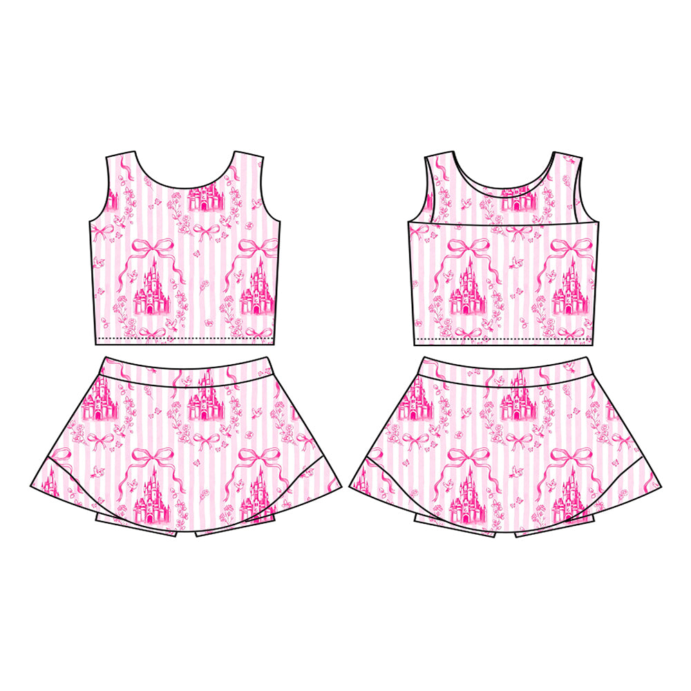 GSD3814 Preorder Baby Girl Pink Stripe Bows Castles Vests Skirt Short Yoga Active Clothes Set